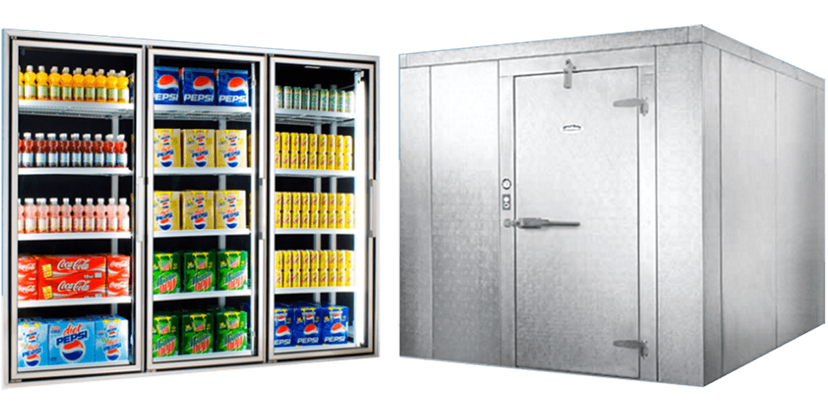 A walk-in cooler and a refrigerated display case full of soft drinks.